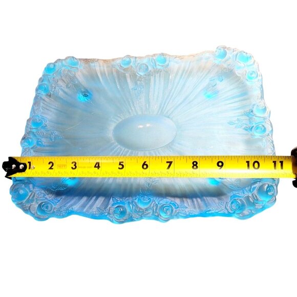 Vintage Tiffin Glass Co Blue UV Reactive Vanity Tray Raised Rose Edges Rare Find - Picture 5 of 10